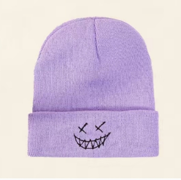 CUTE HAT Beanie Smile Face Embroidered smiley knitted  Beanie Cap Rolled-edgeNEW - Picture 1 of 8